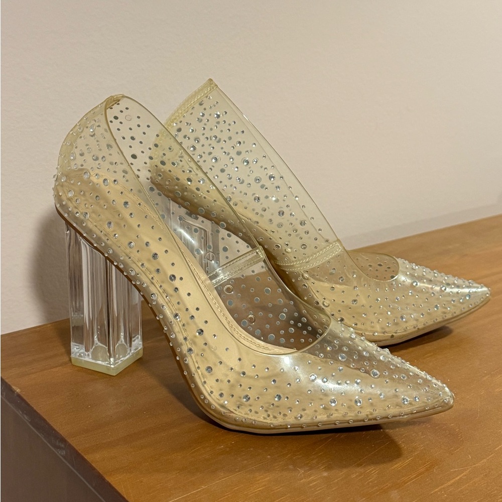 Gianni Bini Cream Crystal-Embellished Pointed Toe Block Heels